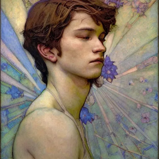 Image similar to the flower prince, by jessie willcox smith and donato giancola and nicholas roerich, symbolist, tattoos, dramatic lighting, elaborate geometric ornament, art brut, god rays, soft cool colors, smooth, sharp focus, extremely detailed