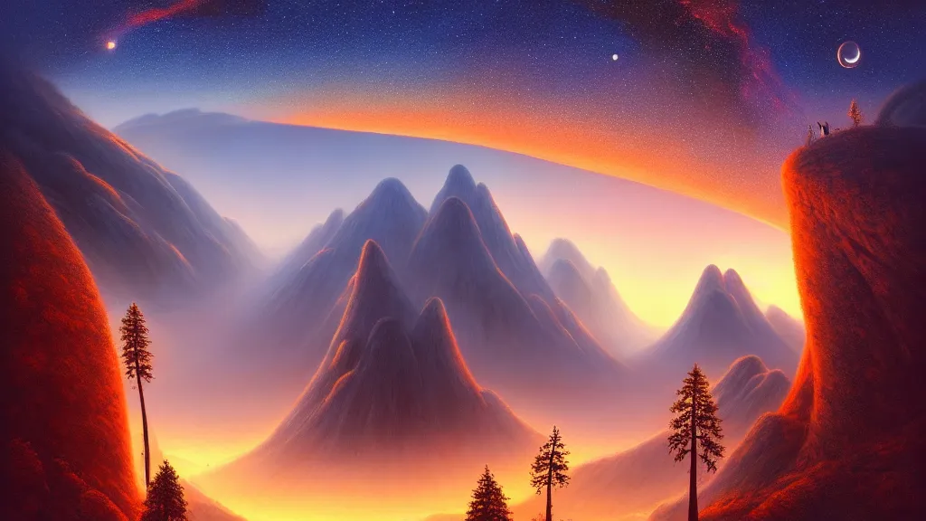 Prompt: gediminas pranckevicius an landscape view, orange sky, galaxies and star in the sky, immense waterfall, giant sequoia, massive mountains, epic composition, 4 k, detailed, realistic