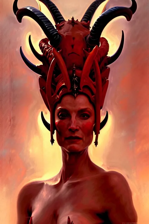 Image similar to painted close - up portrait of a very attractive red - skinned intimidating demon alien queen with ram horns! oil painting, wearing a noblewoman's outfit, fantasy art by john singer sargent and gaston bussiere and james jean and greg rutkowski, demon noble character design, hd