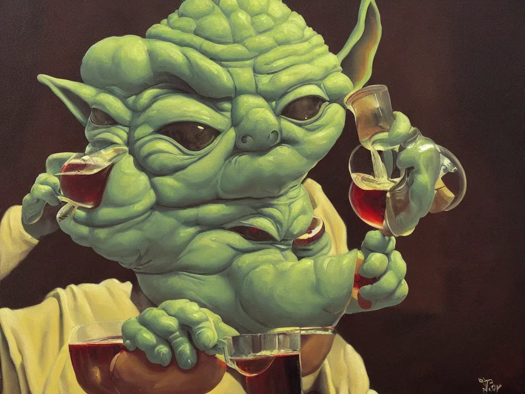 Image similar to an old oil painting of a dizzy yoda drinking wine, trending on artstation