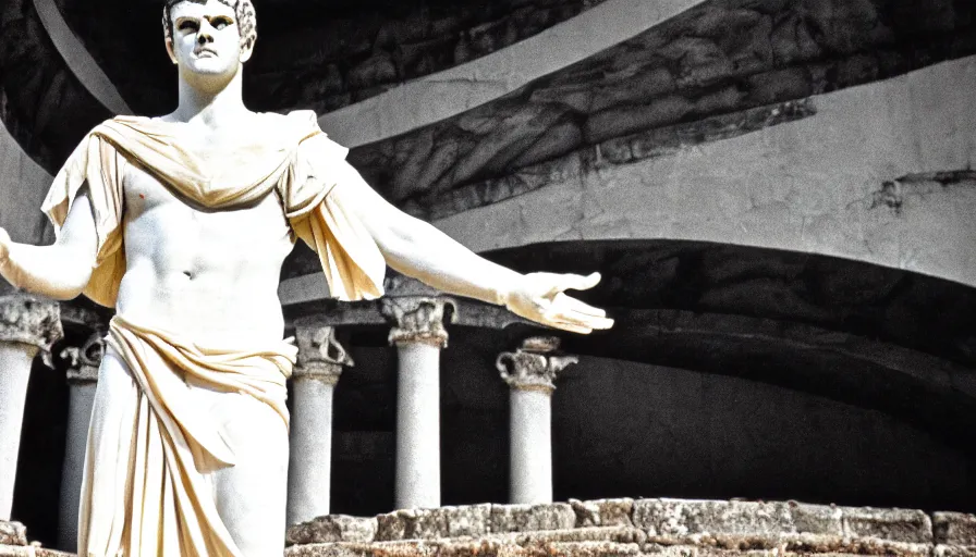 Prompt: 1 9 6 0 s movie still close - up of caligula in a white toga heavy bleed on ancient amphitheater, cinestill 8 0 0 t 3 5 mm, high quality, heavy grain, high detail, dramatic light, anamorphic