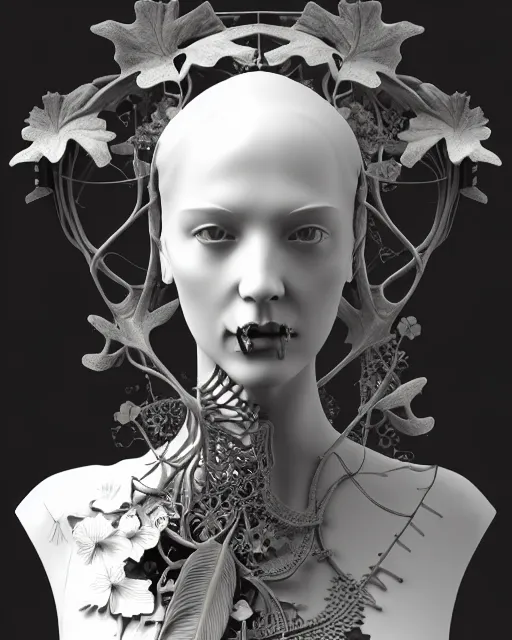 Image similar to monochrome 3 d model, 1 9 3 0 picture, floral steampunk biomechanical beautiful young female cyborg with porcelain profile face and a techno eye, volumetric light, leaves foliage and stems, hibiscus flowers, boho vines, sinuous fine roots, fine foliage lace, alexander mcqueen, rim light, big gothic fashion pearl embroidered collar, octane render, 8 k