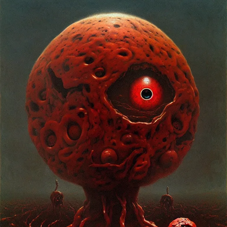 Image similar to a horrifying sphere of meat and eyeballs, by zdzisław beksinski and greg rutkowski, surreal, horror, oil on canvas, dark, nightmare fuel, highly detailed, hd
