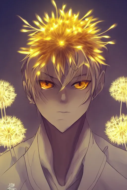 Image similar to amber glowing luminescent dandelion male anime character, symmetrical, highly detailed, digital art, sharp focus, trending on art station, amber eyes, autumnal colours