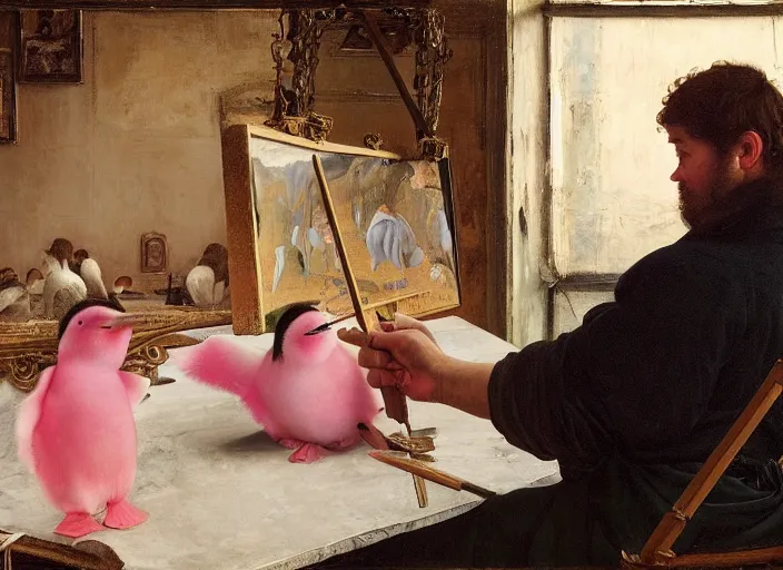 Image similar to a young painter in his studio painting a picture of a pink penguin, by edgar maxence and caravaggio and michael whelan and delacroix style, artistic, intricate drawing, cinematic lighting, hyper realistic, extremely detailed, establishing shot, 8 k resolution, dramatic lighting