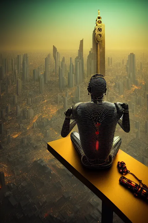 Prompt: high quality 3 d render brutalist cyborg! hanuman sitting, gold madhubani, highly detailed, cyberpunk!! mumbai in the background, unreal engine cinematic smooth, szukalski & blade runner, moody neon light, low angle, uhd 8 k, sharp focus