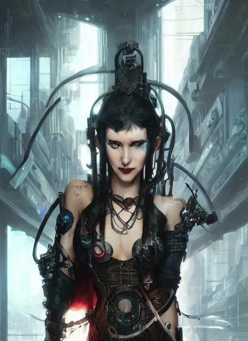 Image similar to a beautiful illustration of cyberpunk elven harley quinn, black hair, intricate, sharp focus, illustration, highly detailed, digital painting, concept art, matte, art by wlop and artgerm and greg rutkowski and alphonse mucha, masterpiece