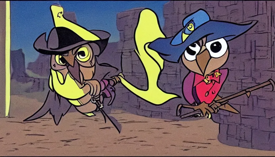 Image similar to saturday morning cartoon shot of an owl dressed as the lone ranger, screenshot from 1990s animated show