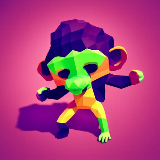 Image similar to A brightly coloured, cute isometric low polygon 3d render of a [monkey hiding his eyes with his hands 🙈], white background, ambient occlusion, chibi, angular