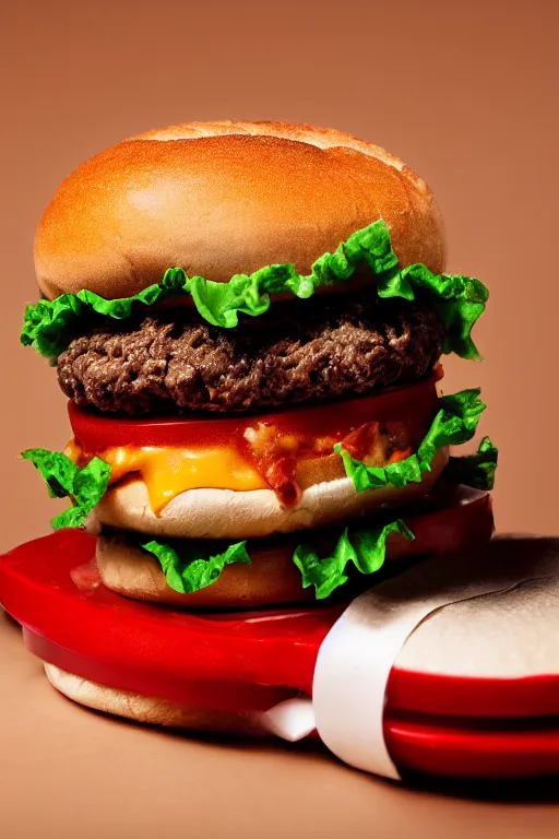 Image similar to hamburger crushed by fist, smashed buns, commercial photography