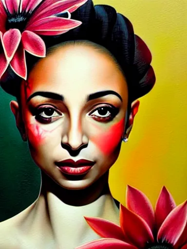 Prompt: portrait of sade with a floral background : : painted by artgerm, karol bak, artur bordalo, sandra chevrier : : portrait, character, illustration, hyperrealism, photorealism