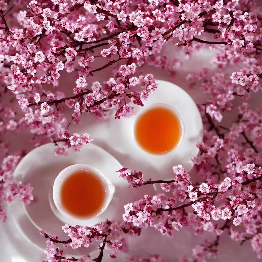 Image similar to photo of sakura cherry blossom tea, beautiful, high detail, recipe, cinematic