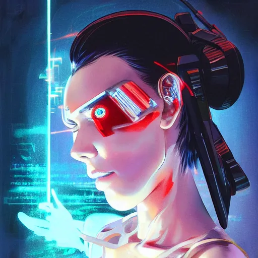 Image similar to A beautiful cyborg woman with glowing eyes || VERY ANIME, fine-face, realistic shaded perfect face, fine details. Anime. realistic shaded lighting poster by Ilya Kuvshinov katsuhiro otomo ghost-in-the-shell, magali villeneuve, artgerm, Jeremy Lipkin and Michael Garmash, Rob Rey and Kentarõ Miura, trending on art station