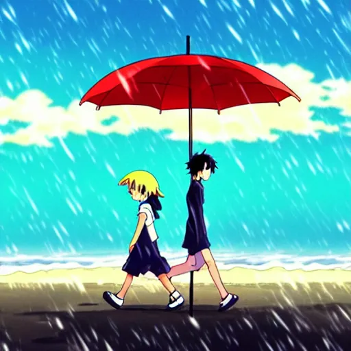 Prompt: anime girl and boy walking together on the Beach, Rain, umbrella, by makoto shinkai, Studio Ghibli, anime wallpaper, flat colors