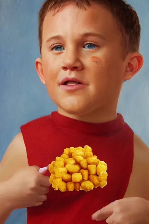 Image similar to channing tatum in a tater tot costume, oil on canvas, intricate, 8 k highly professionally detailed, hdr, cgsociety