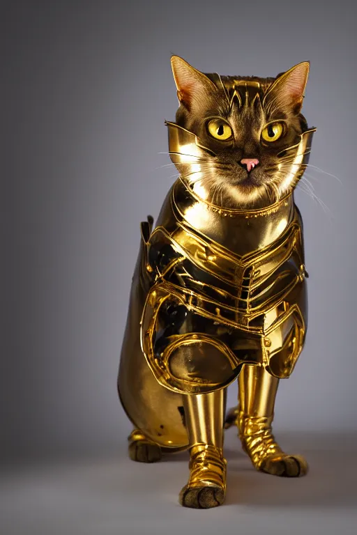 Image similar to a cat wearing gold plated armor, studio lighting