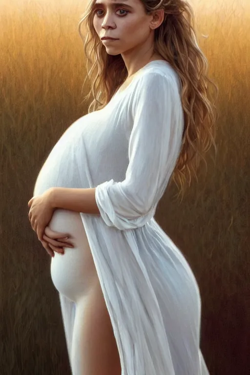 Image similar to pregnant ashley olsen in a thin white dress, realistic portrait, symmetrical, highly detailed, digital painting, artstation, concept art, smooth, sharp focus, illustration, cinematic lighting, art by artgerm and greg rutkowski and alphonse mucha