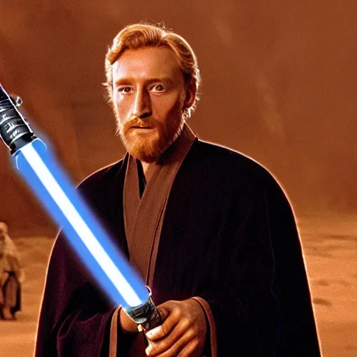 Prompt: Charles Dance as Obi-Wan Kenobi holding a lightsaber in the film Star Wars