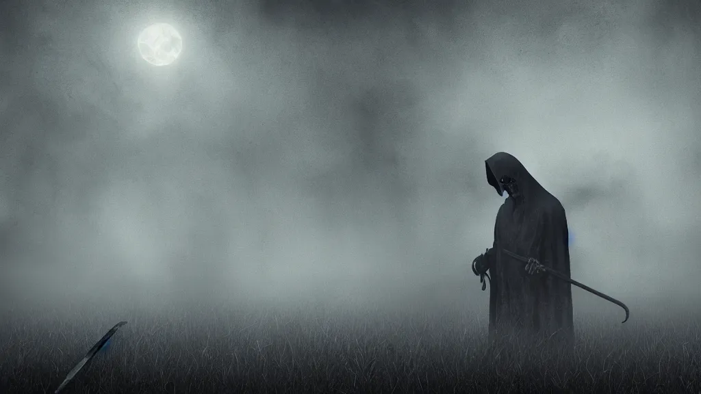 Image similar to grim reaper in a field of skulls, dark, night, foggy, scary, eerie, digital art.
