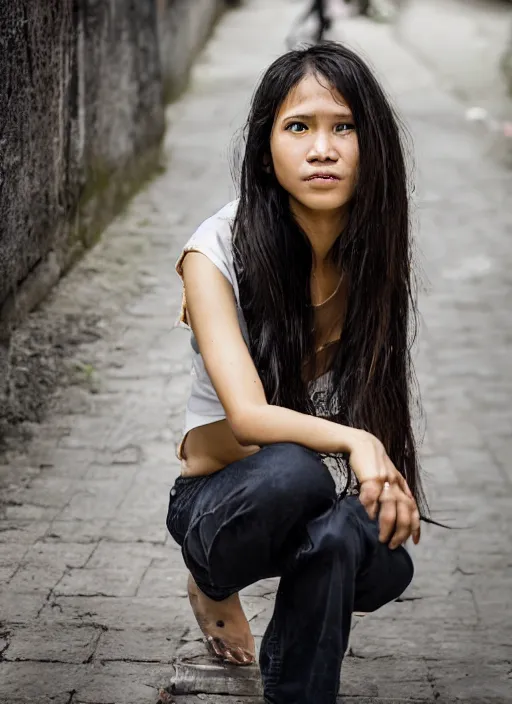 Image similar to Mid-shot portrait of a beautiful woman in her 20s from Indonesia, with long hair, candid street portrait in the style of Martin Schoeller award winning, Sony a7R