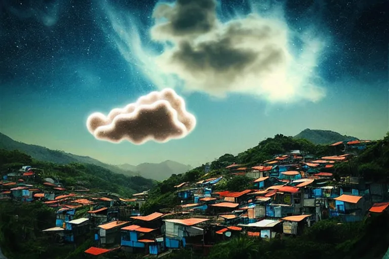 Image similar to favela tuba cloud sculpture, mid century modern environment, sunny, milky way, award winning art, epic dreamlike fantasy landscape, ultra realistic,