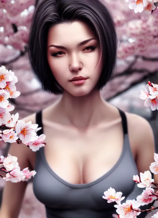 Image similar to photo of a gorgeous female with short gray hair in the style of stefan kostic, realistic, body shot, sharp focus, 8 k high definition, insanely detailed, intricate, elegant, art by stanley lau and artgerm, cherry blossoms