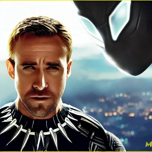 Image similar to Gosling as superhero Black Panther. Superhero 4k Unmasked Celebrity Marvel