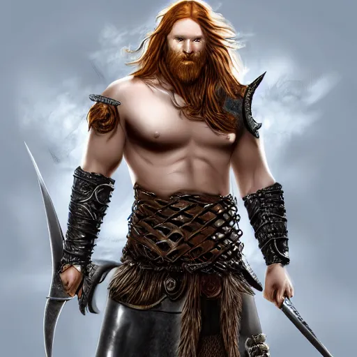 Image similar to ginger viking with flowing long wavy hair in leather and metal armor, bare chest, very pale, very hairy, very muscular, very tall, full body picture, fantasy, dungeons and dragons, detailed digital art, 4 k