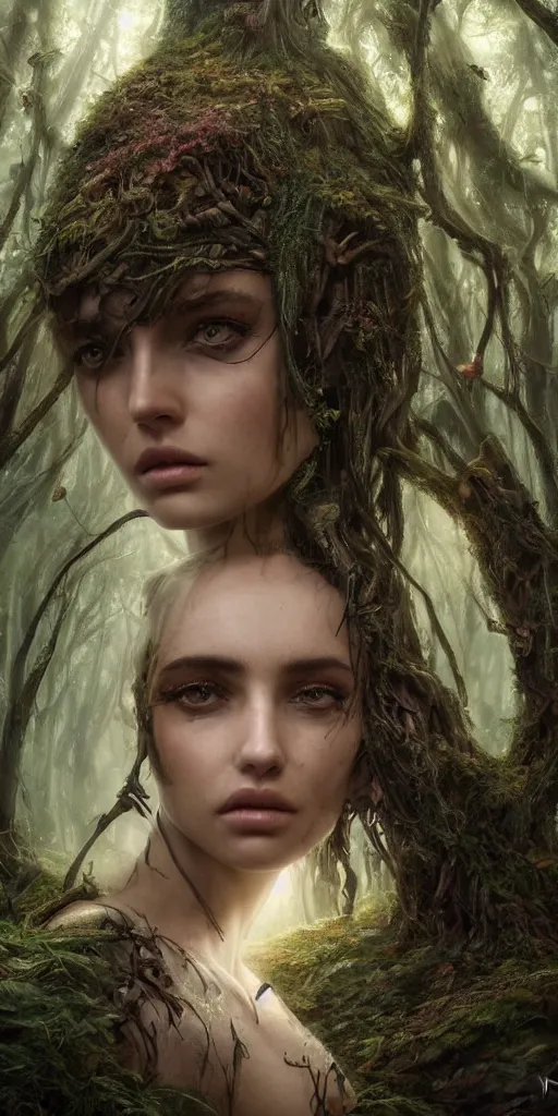 Image similar to a cyborg forest nymph in an ancient forest, ana de armas, flawless symmetrical pretty cute face, greg rutkowski, 8 k, shallow depth of field, intricate detail, concept art,