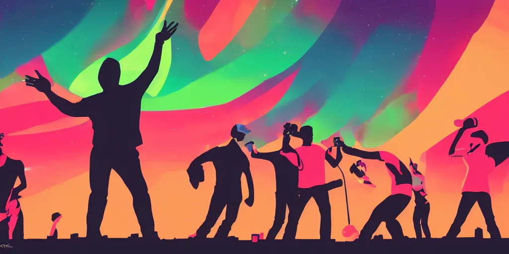 Image similar to rapping into microphone, silhouette, huge crowd, outrun, hip hop, simple shapes, Aurora borealis, trending on Artstation, professional artist, detailed, 4k