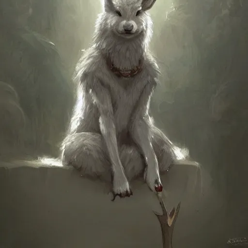 Image similar to A beautiful painting of an anthropomorphic wolf and rabbit. The rabbit has long rabbit ears on his head, and is sitting with his back to the wolf. The wolf's arms are wrapped around the rabbit's shoulders. Trending on artstation, greg rutkowski