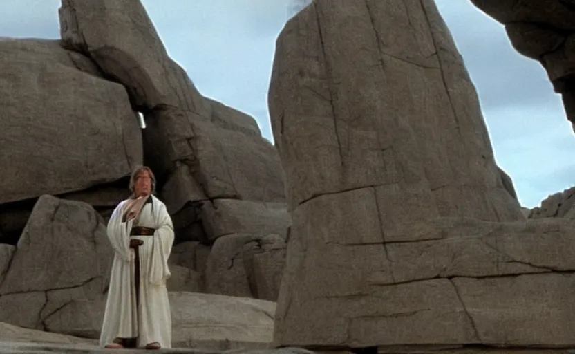 Prompt: screenshot of low angle wide shot of Luke skywalker, played by mark hammill,looking up to a large stone sculpture of an ancient Jedi master in robe, looming in the sky outside the rocky Jedi Temple, a female sith lord in white approaches with a lightsaber, scene from The Lost Jedi Star Wars film made in 1980, directed by Stanley Kubrick, serene, iconic scene, hazy atmosphere, stunning cinematography, hyper-detailed, sharp, anamorphic lenses, kodak color film, 4k