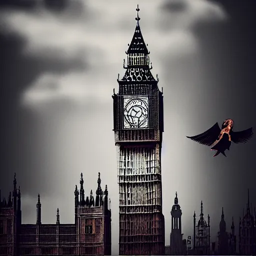 Image similar to A witch flying high in the sky above the tall buildings,the Big Ben is in background, top down perspective,gloomy lighting,creepy atmosphere,digital art , highly detailed , high contrast, beautiful lighting, award winning , trending on art station, 8k, photo realistic