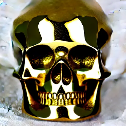 Prompt: marble scull with gold fluorish