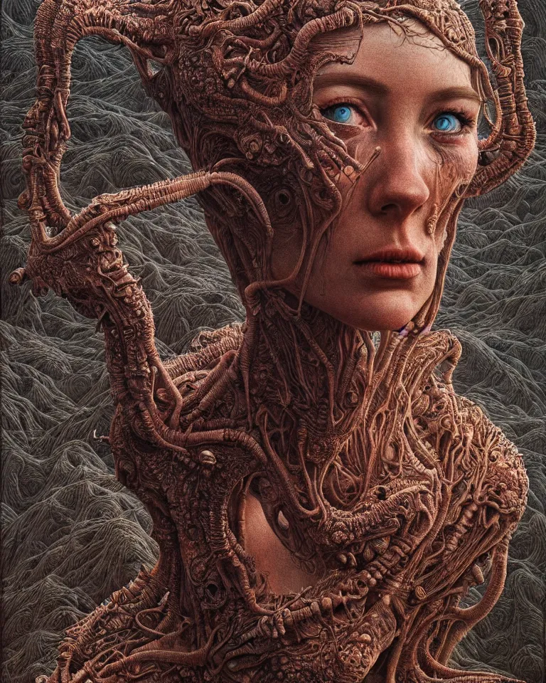 Image similar to ultra realist intricate detailed portrait of a single rugged attractive female on an alien landscape, insanity, accurate features, apocalyptic, very intricate details, 8 k resolution, dim lighting, volumetric lighting, artstyle zdzisław beksinski and keith thompson, award winning