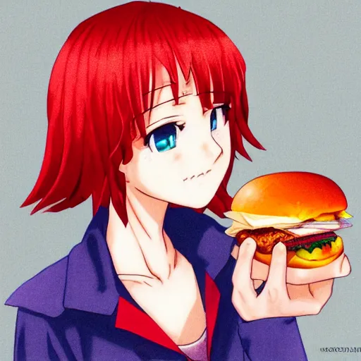 Image similar to a girl eating a hamburger, red hair, anime art, detailed, hd, smooth