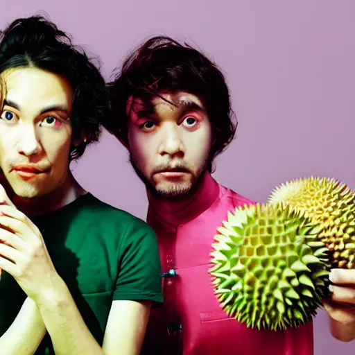 Image similar to two durian as a synth pop music band