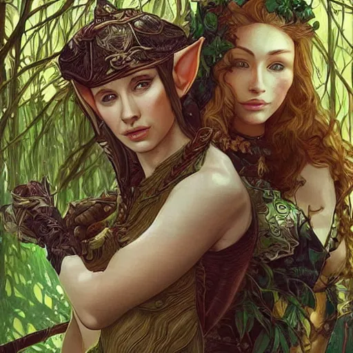 Prompt: An female elf ranger and her pet jaguar resting in the shade of a tree, D&D, fantasy, intricate, highly detailed, digital painting, artstation, WLOP, Artgerm, Alphonse Mucha