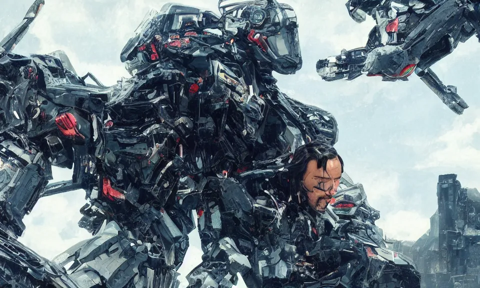 Image similar to Keanu Reeves Fight giant robots ,featured in cinematic, elegant, intricate,highly detailed,artstation,illustration, 8k