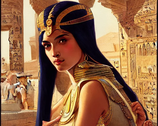 Image similar to photography of cleopatra in egypt, deep focus, intricate, elegant, highly detailed, digital painting, artstation, concept art, matte, sharp focus, illustration, art by artgerm and greg rutkowski and alphonse mucha