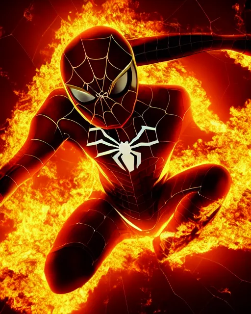 Image similar to photograph of a black and gold suit spider - man stood infront of a blazing inferno, dslr, cinematic, volumetric lighting, 8 k resolution, photorealistic