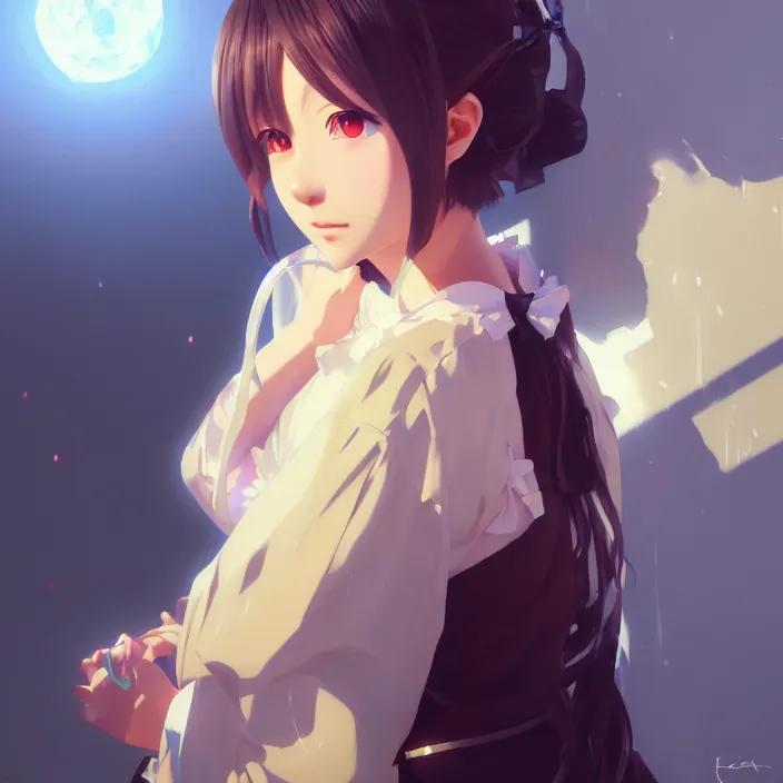 Image similar to a potrait of anime girl, my dress up darling anime, fine details, night setting, realistic shaded lighting poster by ilya kuvshinov, katsuhiro, artgerm, jeremy lipkin, michael garmash, nixeu, unreal engine 5, radiant light, detailed and intricate environment