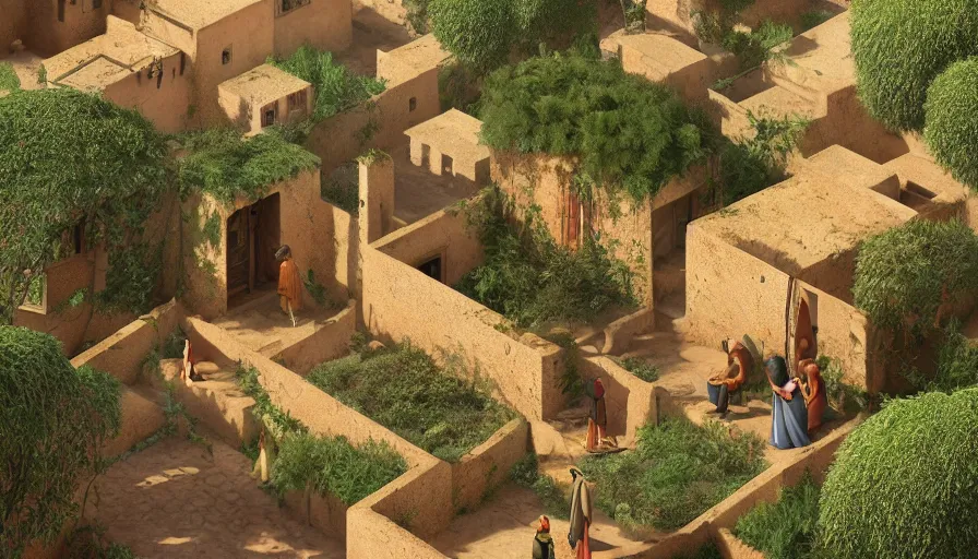 Prompt: very very small moroccan village, sitting on a gigantic green leaf by ilya kuvshinov, rtx rendering, octane render 1 2 8 k, maya, extreme high intricate details by tom bagshaw, medium shot, close up shot, composition by sana takeda, lighting by greg rutkowski