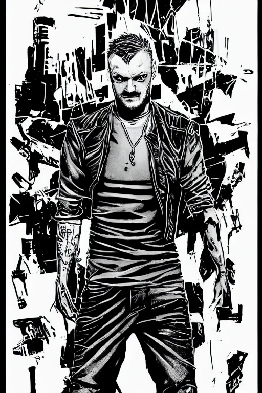 Prompt: jamie vardy standing heroically, a page from cyberpunk 2 0 2 0, style of paolo parente, style of mike jackson, adam smasher, johnny silverhand, 1 9 9 0 s comic book style, white background, ink drawing, black and white