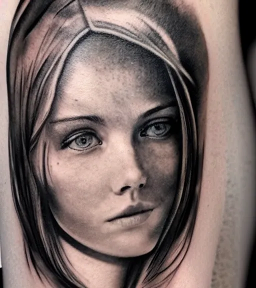 Image similar to a beautiful girl portrait faded in beautiful mountains, realism tattoo, in the style of den yakovlev, black and white, hyper realistic, highly detailed