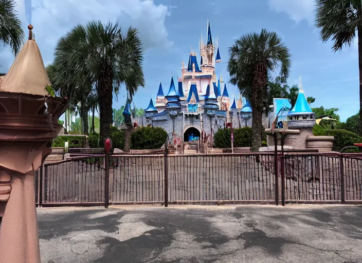 Image similar to cinematic shot of the outside of the Disney world park, shut down, abandoned, Florida, out of business, castle is falling apart, got shut down, kids place, liminal spaces, backrooms, empty, overgrown, Disney world, Disney land, theme park, roller coasters, Disney