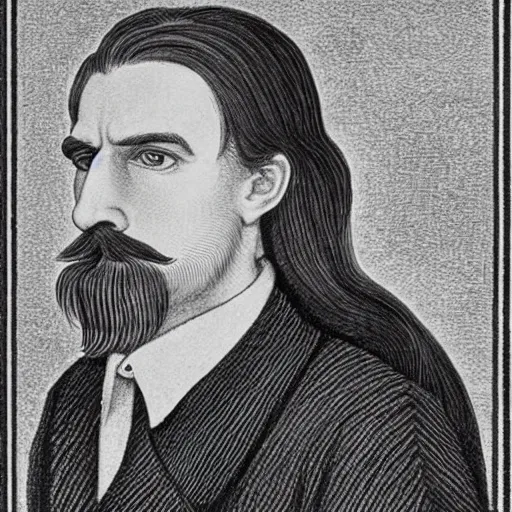 Image similar to young man, long hair, short facial hair, no mustache, dark green eyes, dark eyebrows, light widows peak light facial hair, in the style of mauritz cornelis escher, in - frame