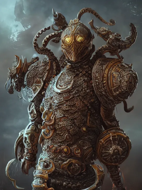 Image similar to full body frontview portrait of single warrior with octopus armour, d & d character design, designed in blender, 4 k hd, octane render, intricate and highly detailed, coloured with lots of colour, cinematic, pose, fantasy, sharp focus