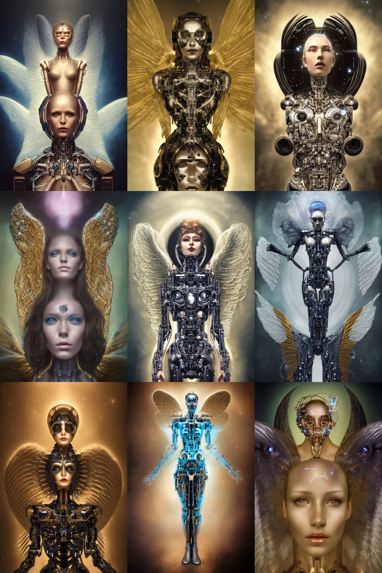 Prompt: a beautiful ultradetailed fine art photo of a cybernetic cyborg angel set against galactic space, by tom bagshaw and natalie shau, portrait, soft backlighting, cybernetic implants on the face, 5 0 mm lens, golden ratio composition, detailed faces, studio lighting, very detailed, mechanical robot neon wings, artstation, 8 k, highly coherent