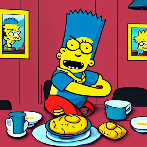 Prompt: Bart Simpson as a real boy surfing the imaginary wave on the kitchen table at breakfast, digital art, by ROSS tran, 4k